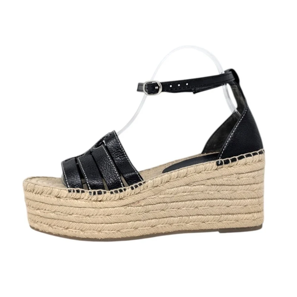 Tory Burch Ines Espadrille Wedge Sandals Black Leather Logo Size 8